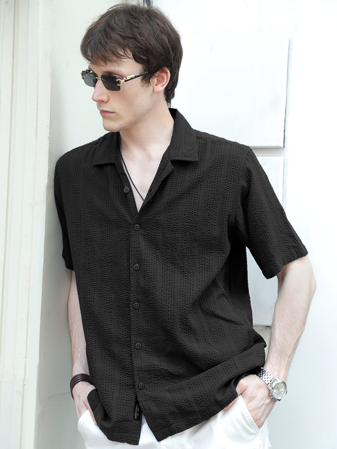 Solven Textured Black Half Sleeve Shirt