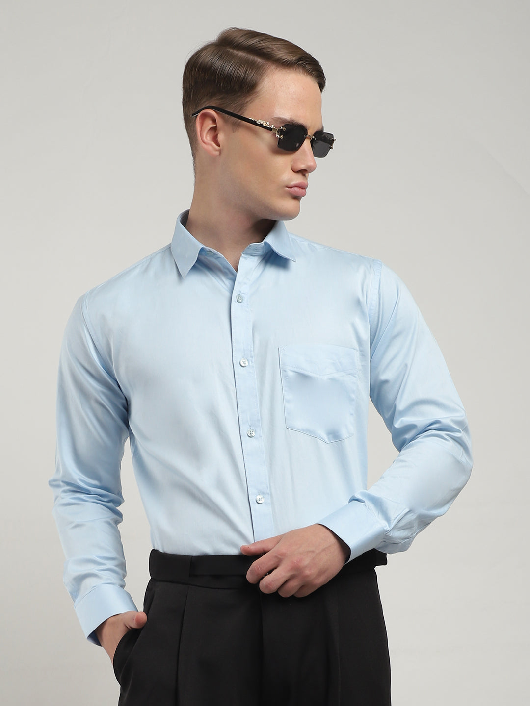 Sky Satin Plain Shirt