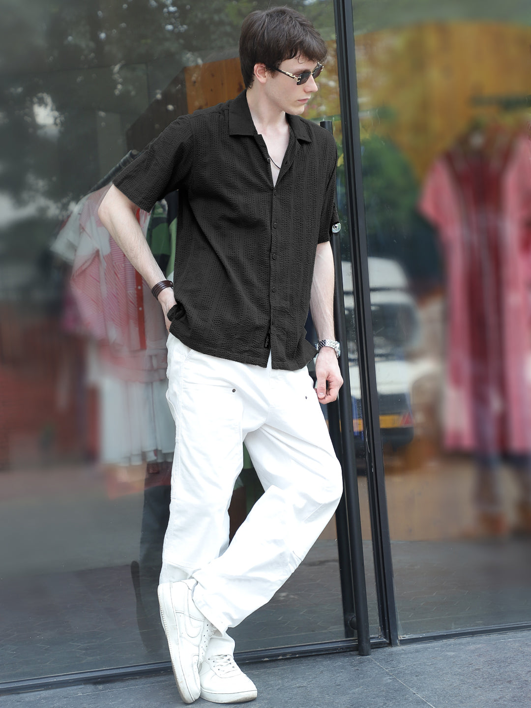 Solven Textured Black Half Sleeve Shirt