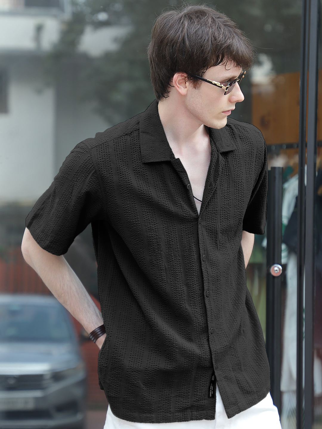 Solven Textured Black Half Sleeve Shirt