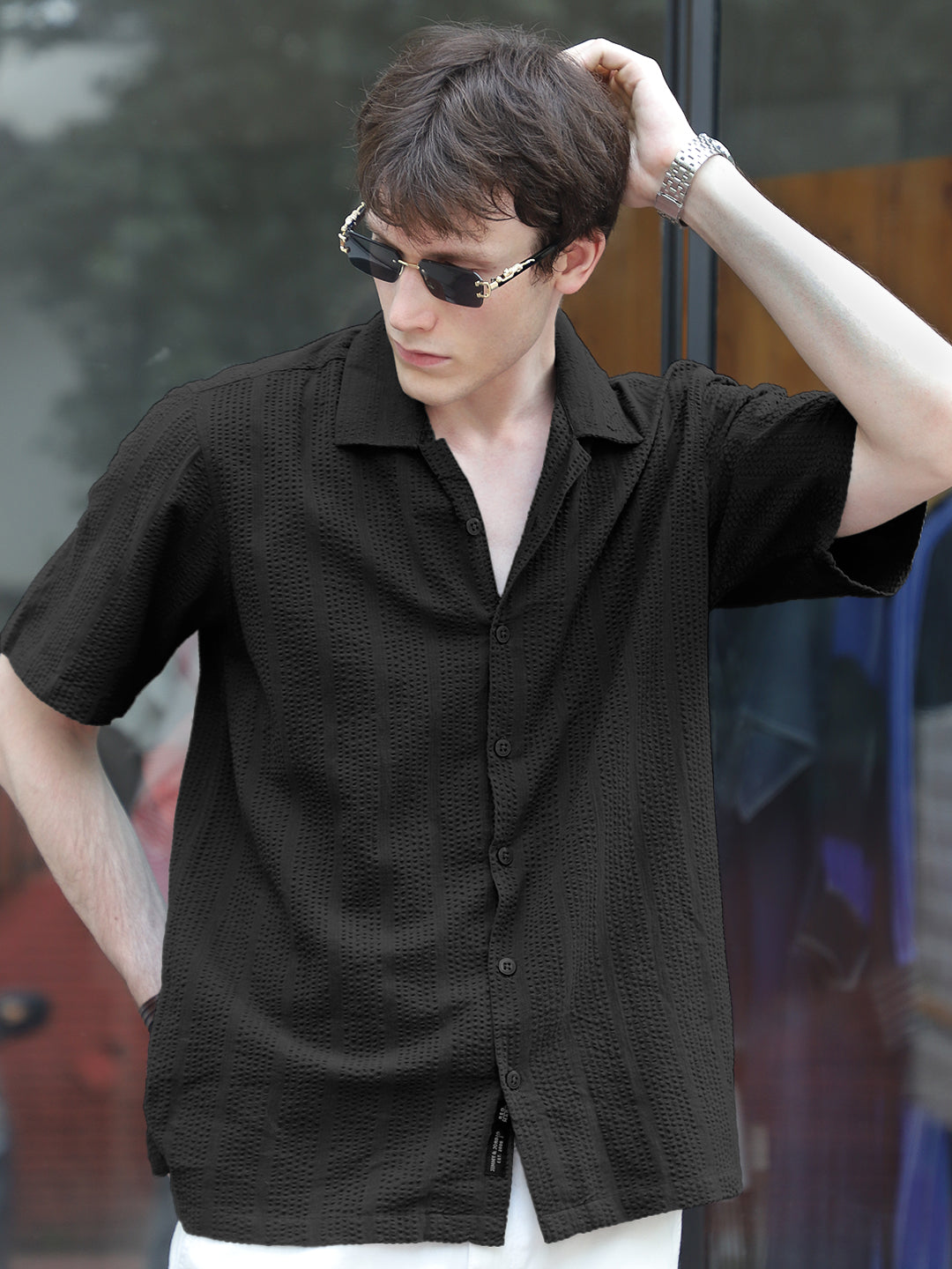 Solven Textured Black Half Sleeve Shirt