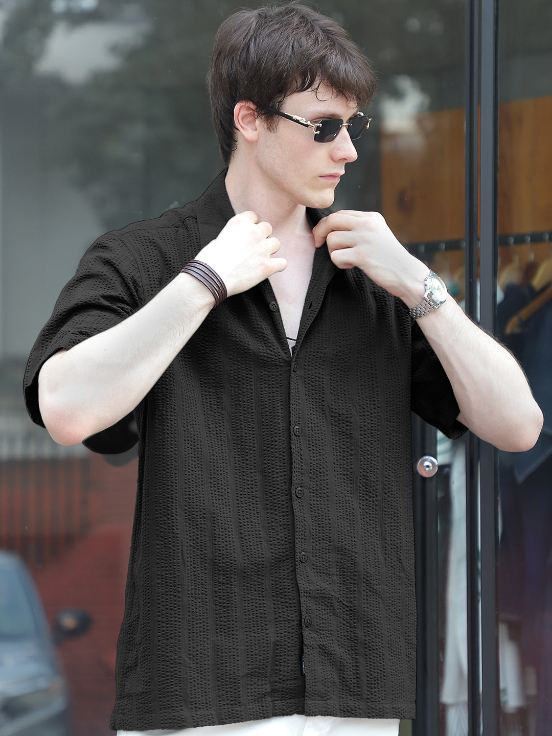 Solven Textured Black Half Sleeve Shirt