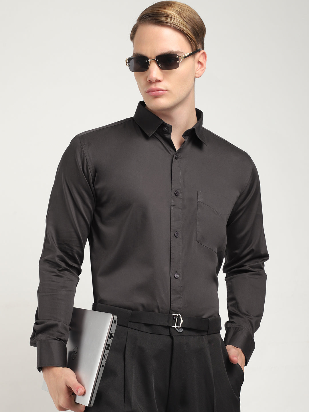 Streetwise Dark Grey Satin Plain Shirt