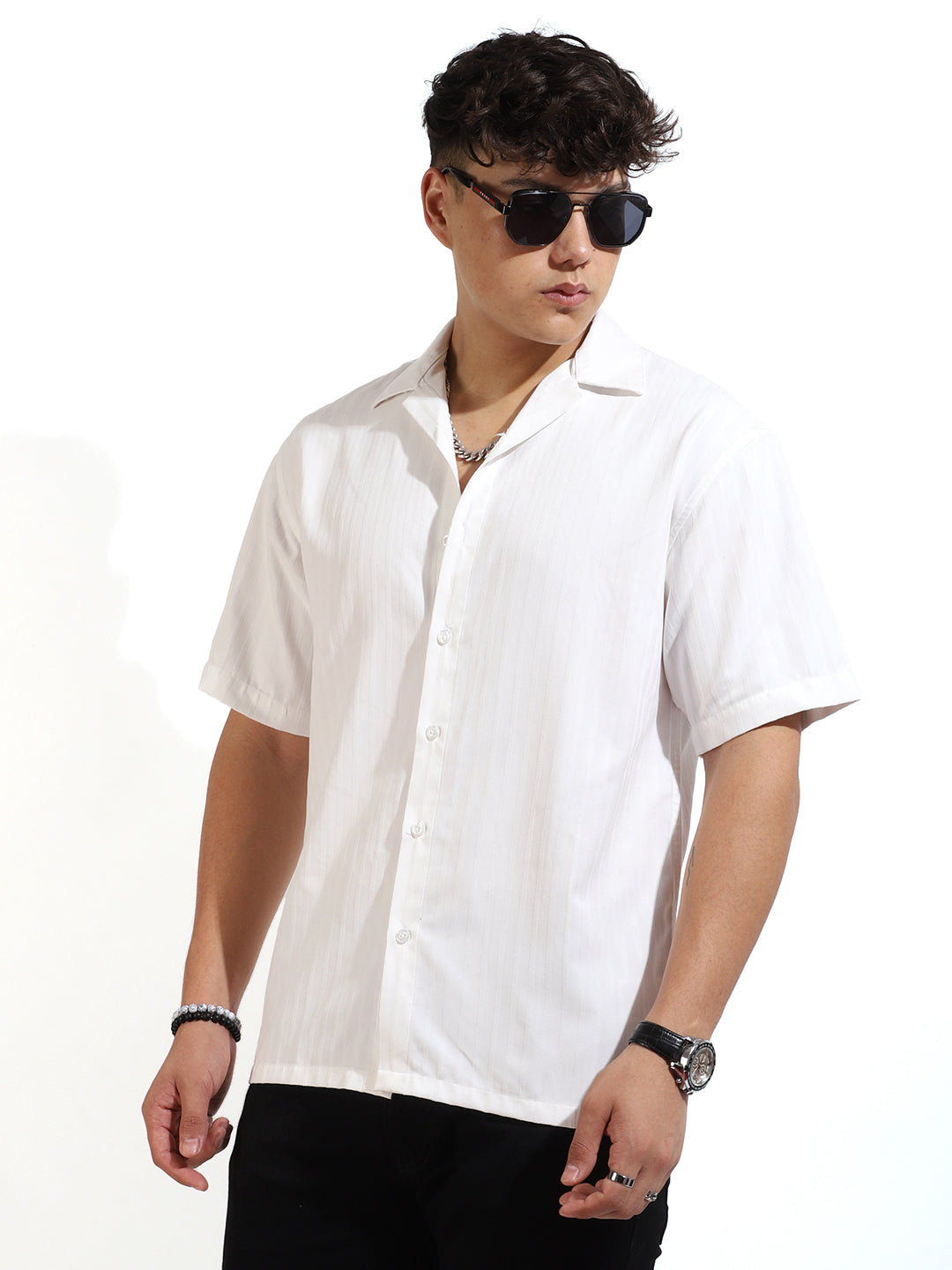 Basic Stripe White Half Sleeve  Shirt