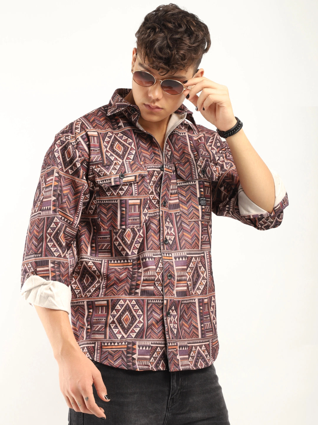 Fabric Jacquard Brown Full Sleeve Printed Shirt