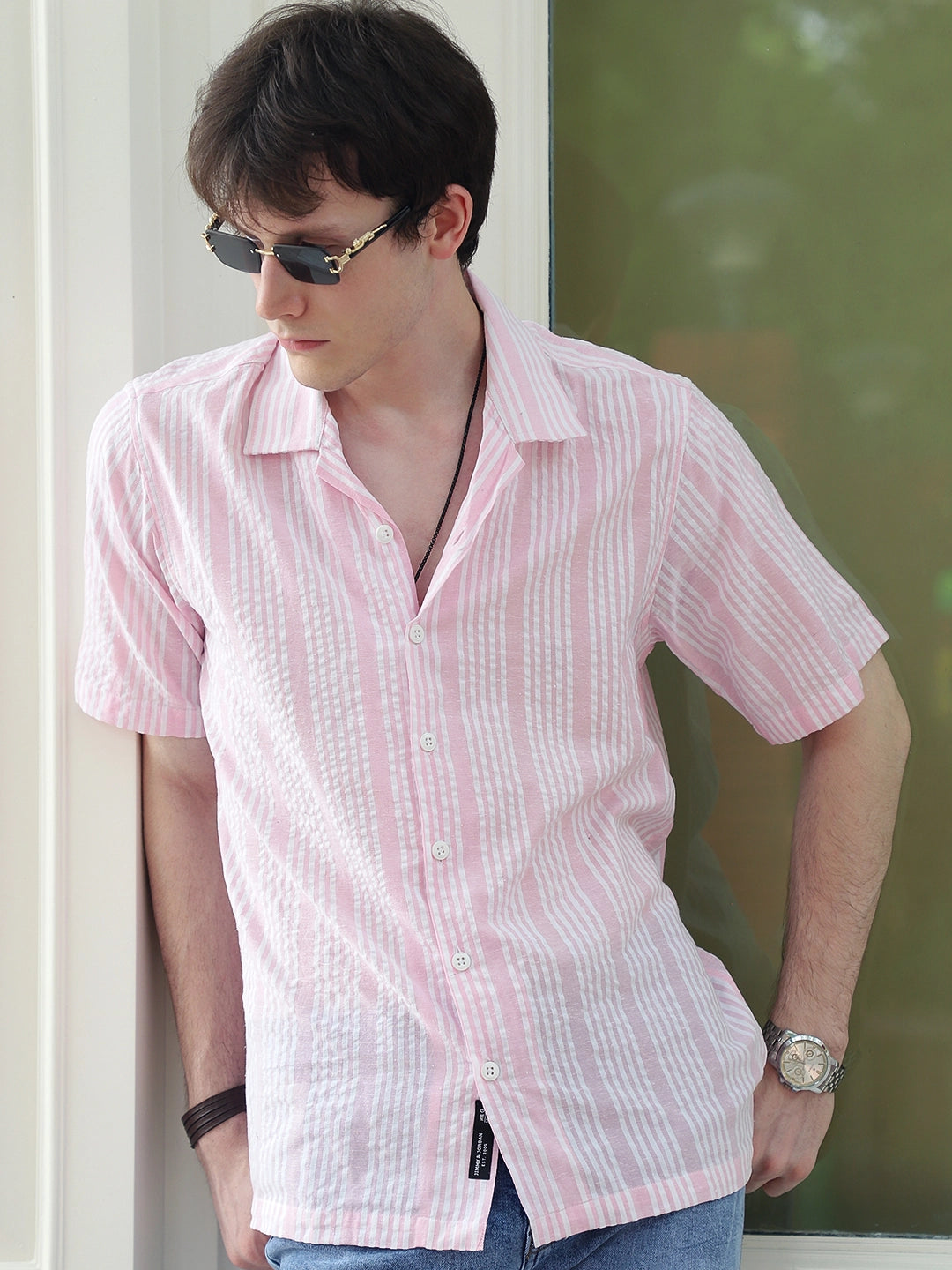 SnugSky Rouge Pink Half Sleeve Stripe Shirt