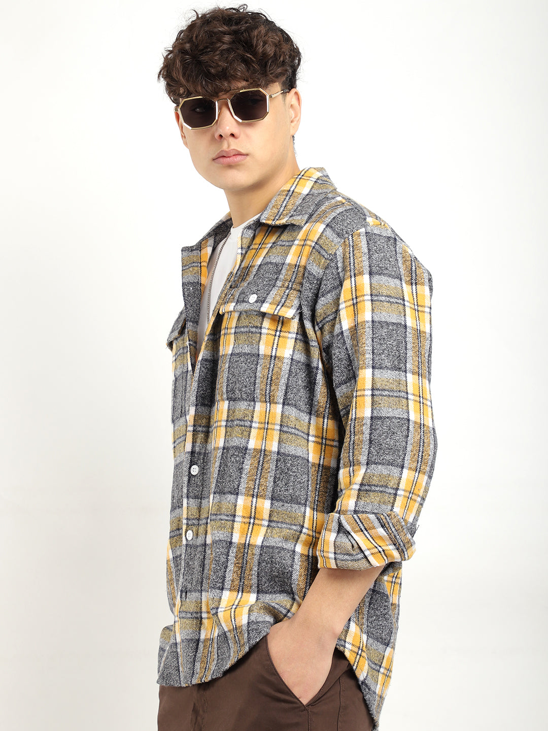 Flannel Yellow Check Shirt Men