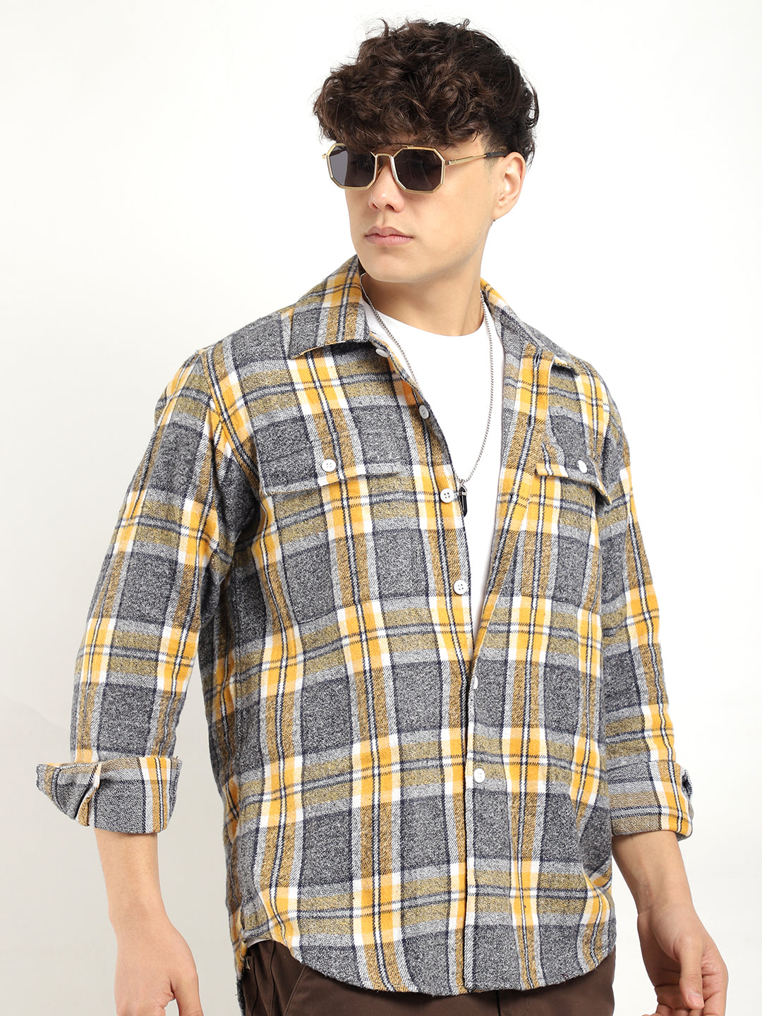 Flannel Yellow Check Shirt Men