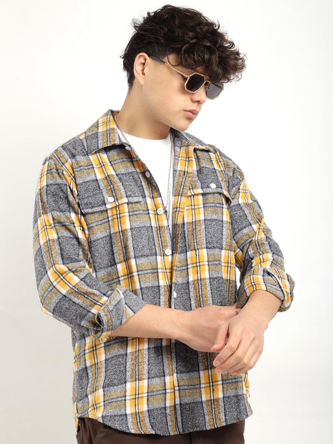 Flannel Yellow Check Shirt Men