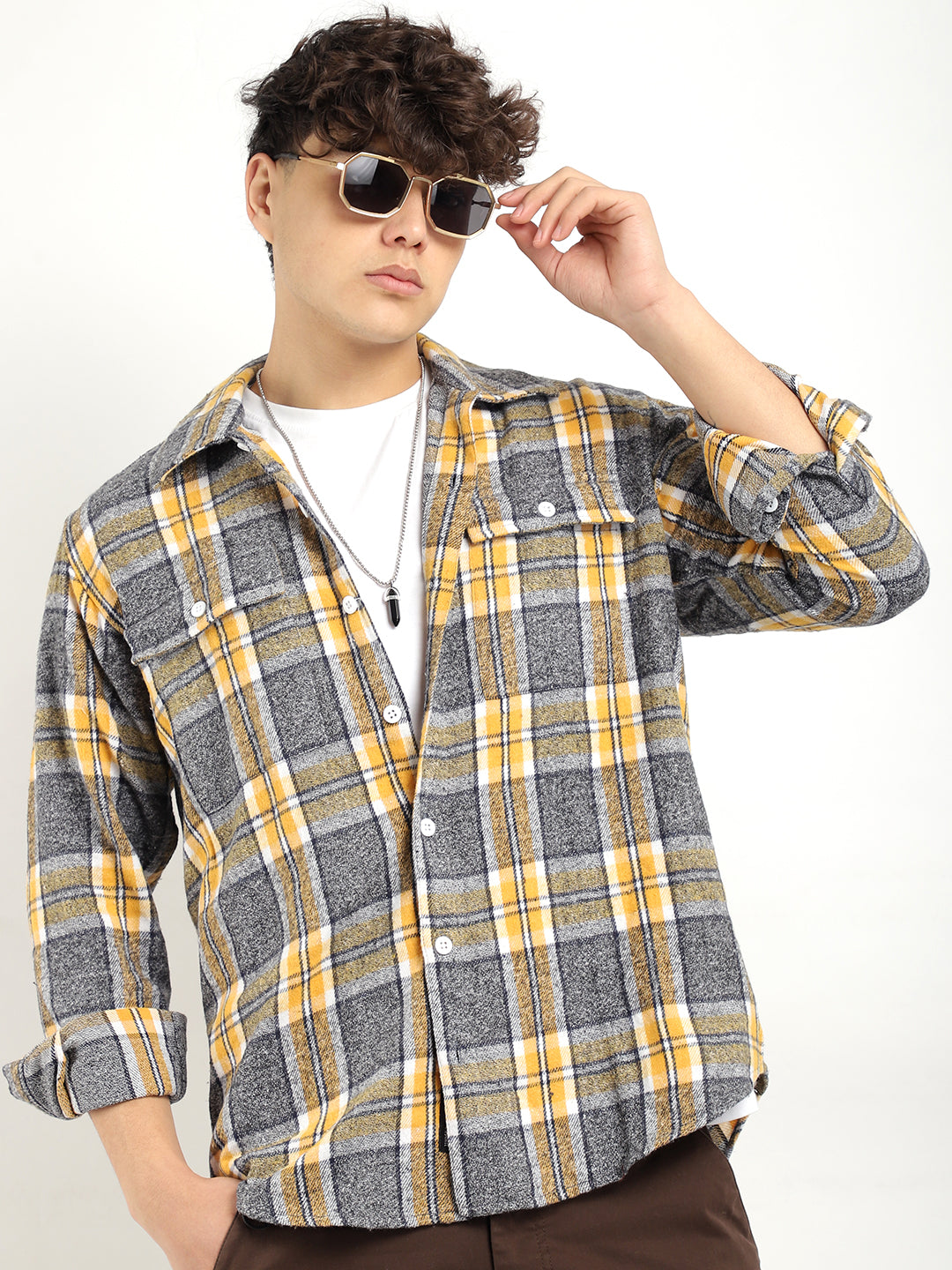 Flannel Yellow Check Shirt Men