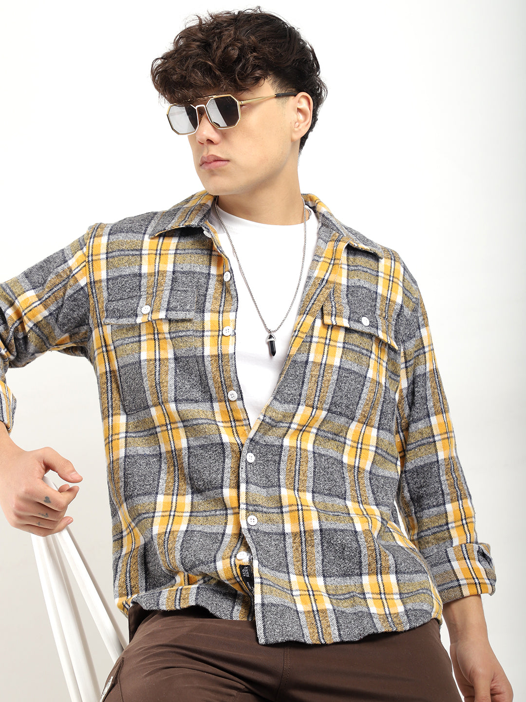 Flannel Yellow Check Shirt Men