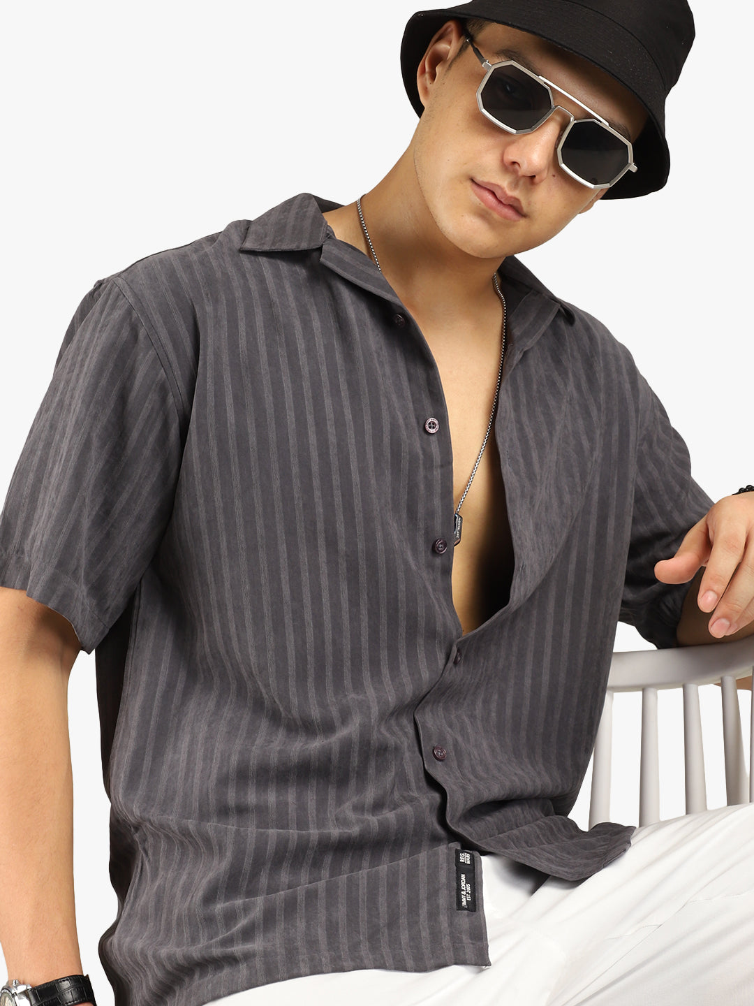 Basic Stripe Dark Grey Half Sleeve Shirt
