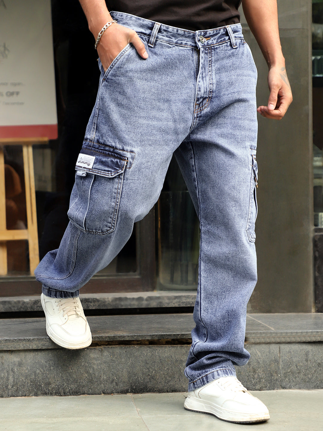 Vireon Azure Blue Baggy Fit Denim Cargo