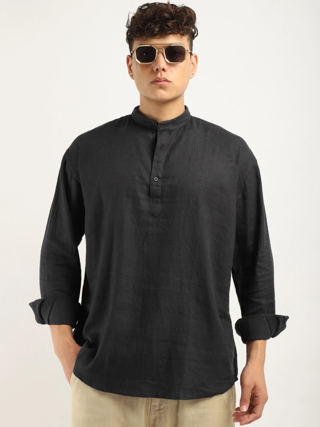 Mandarin Linen Dark Grey Short Kurta