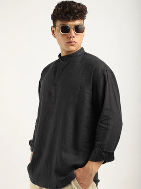 Mandarin Linen Dark Grey Short Kurta