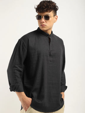 Mandarin Linen Dark Grey Short Kurta