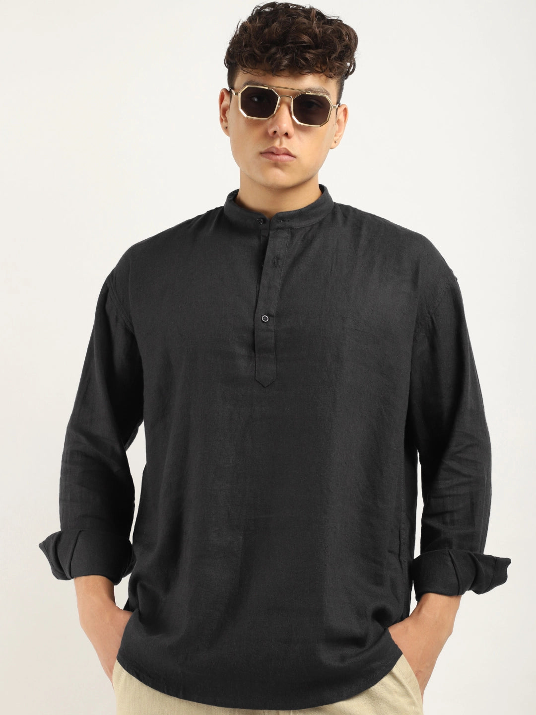 Mandarin Linen Dark Grey Short Kurta