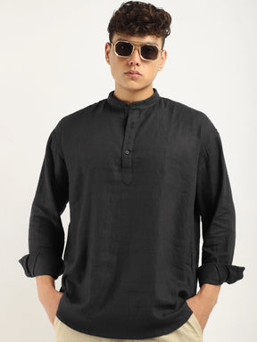 Mandarin Linen Dark Grey Short Kurta