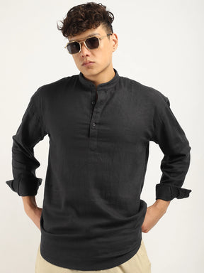 Mandarin Linen Dark Grey Short Kurta