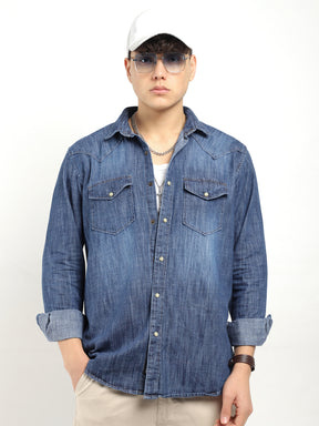 Cavender Double Pocket Dark Navy Full Sleeve Denim Shirt