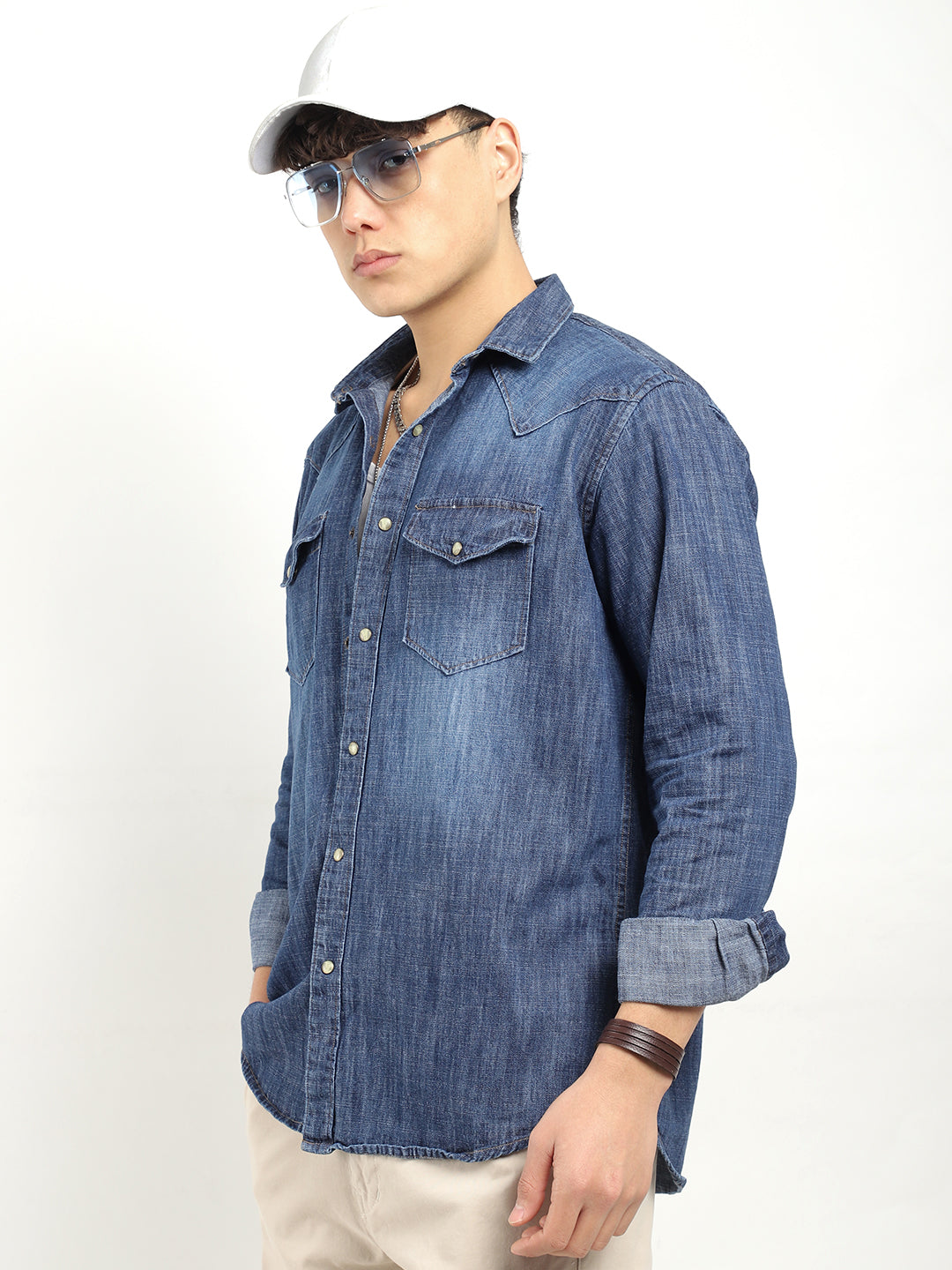 Cavender Double Pocket Dark Navy Full Sleeve Denim Shirt