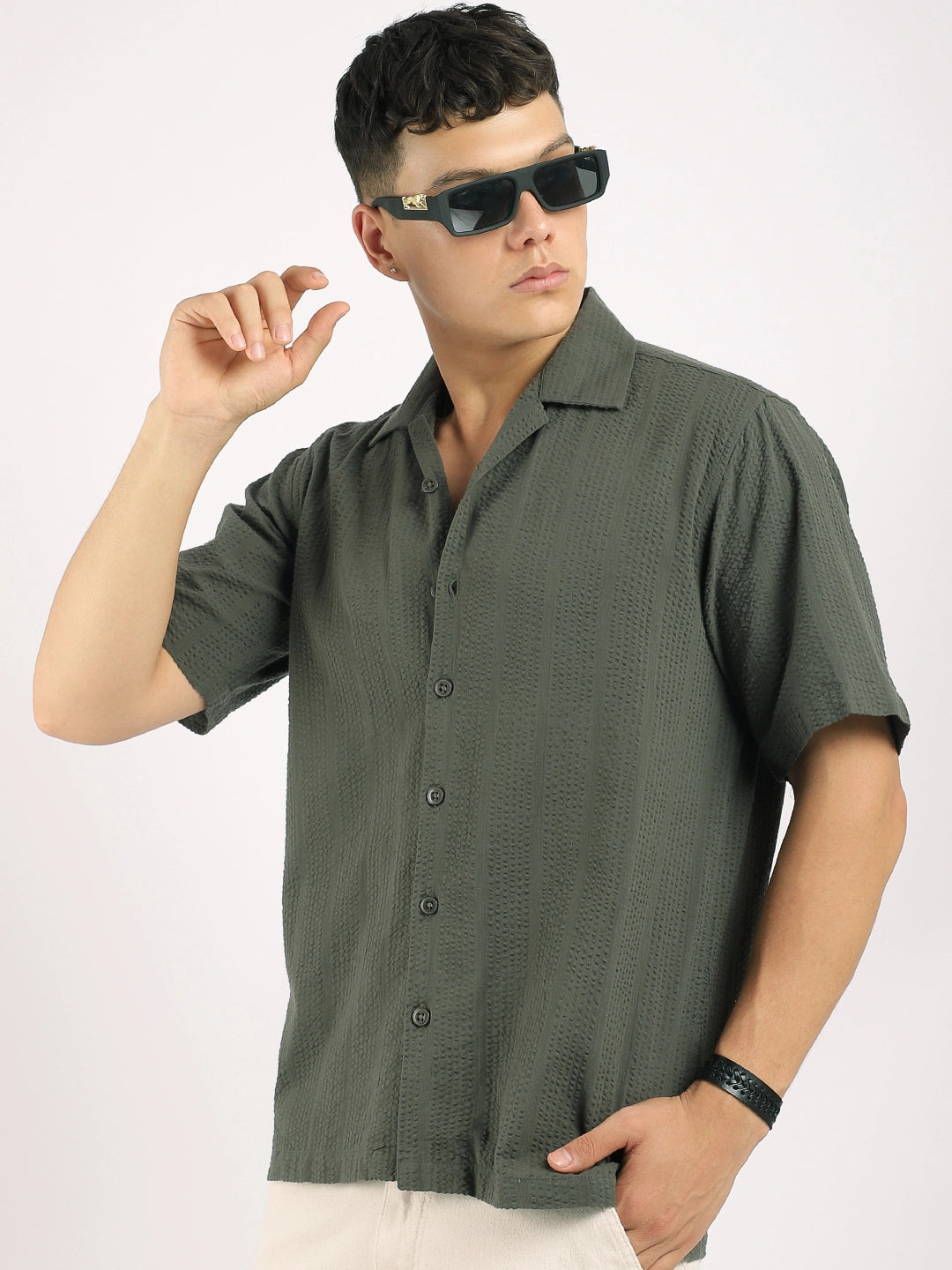 Solven Textured Olive Green Half Sleeve Shirt