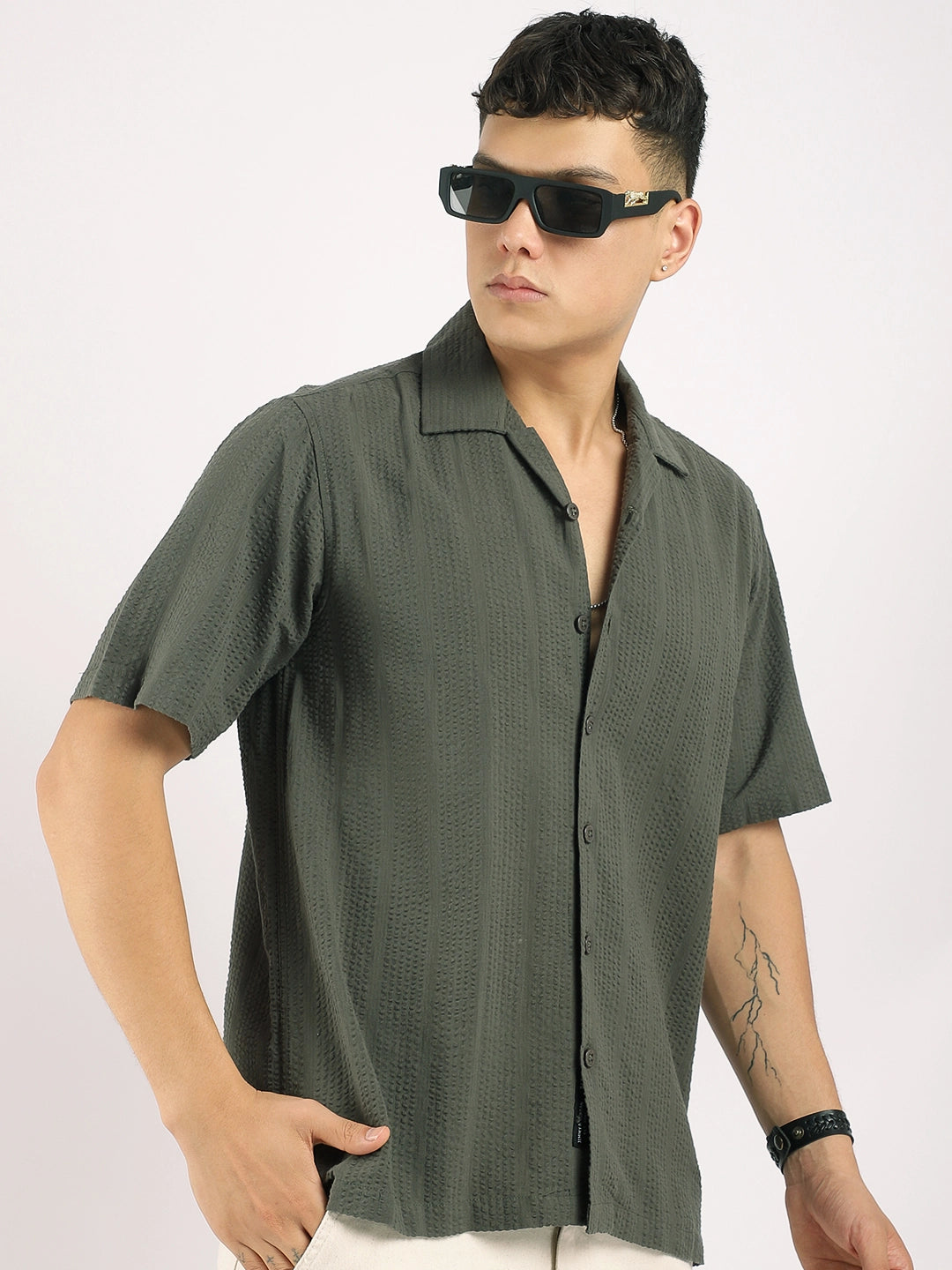 Solven Textured Olive Green Half Sleeve Shirt