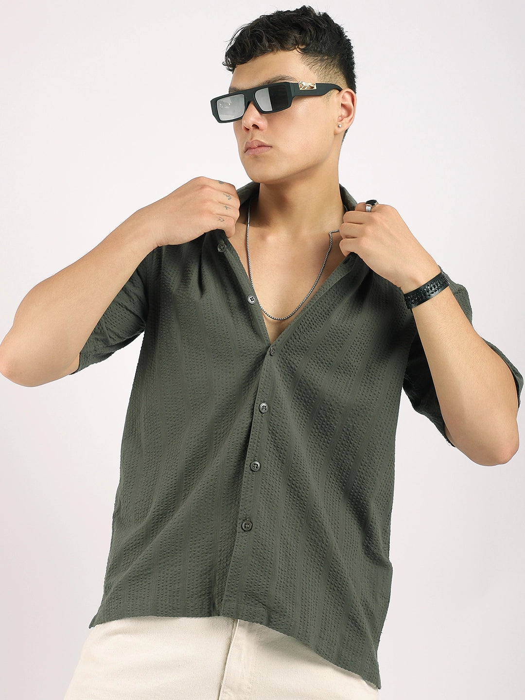 Solven Textured Olive Green Half Sleeve Shirt
