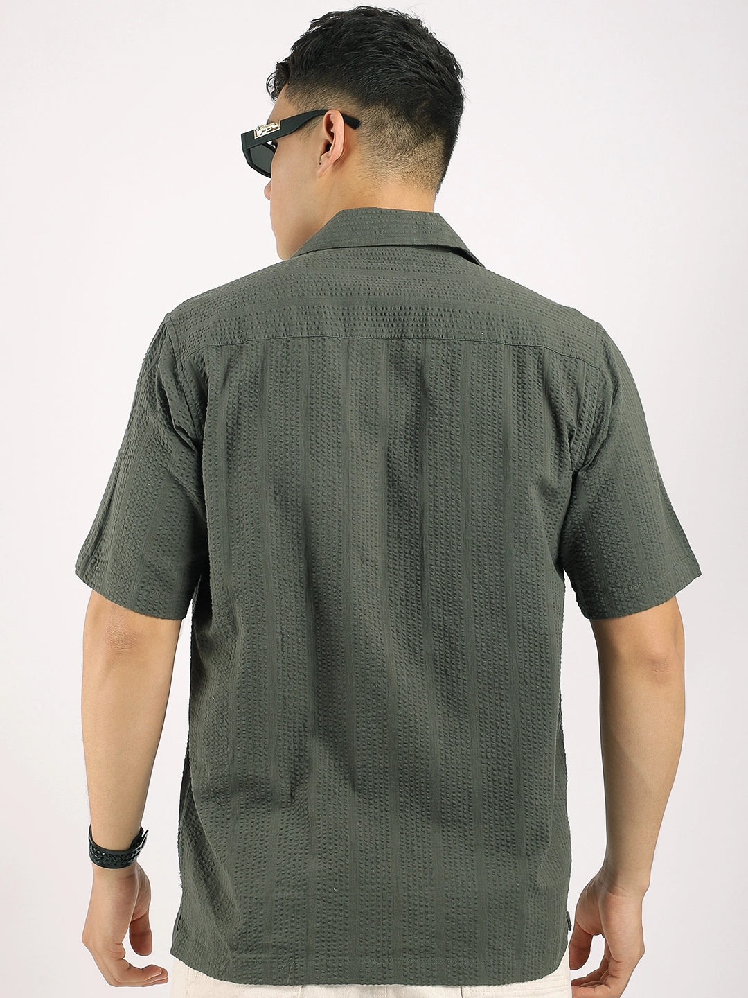 Solven Textured Olive Green Half Sleeve Shirt