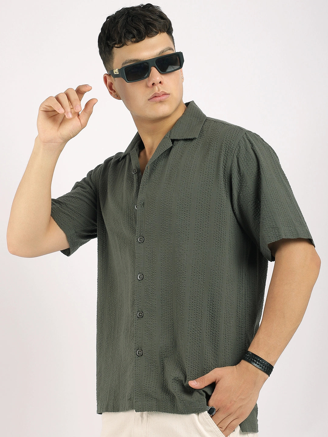Solven Textured Olive Green Half Sleeve Shirt