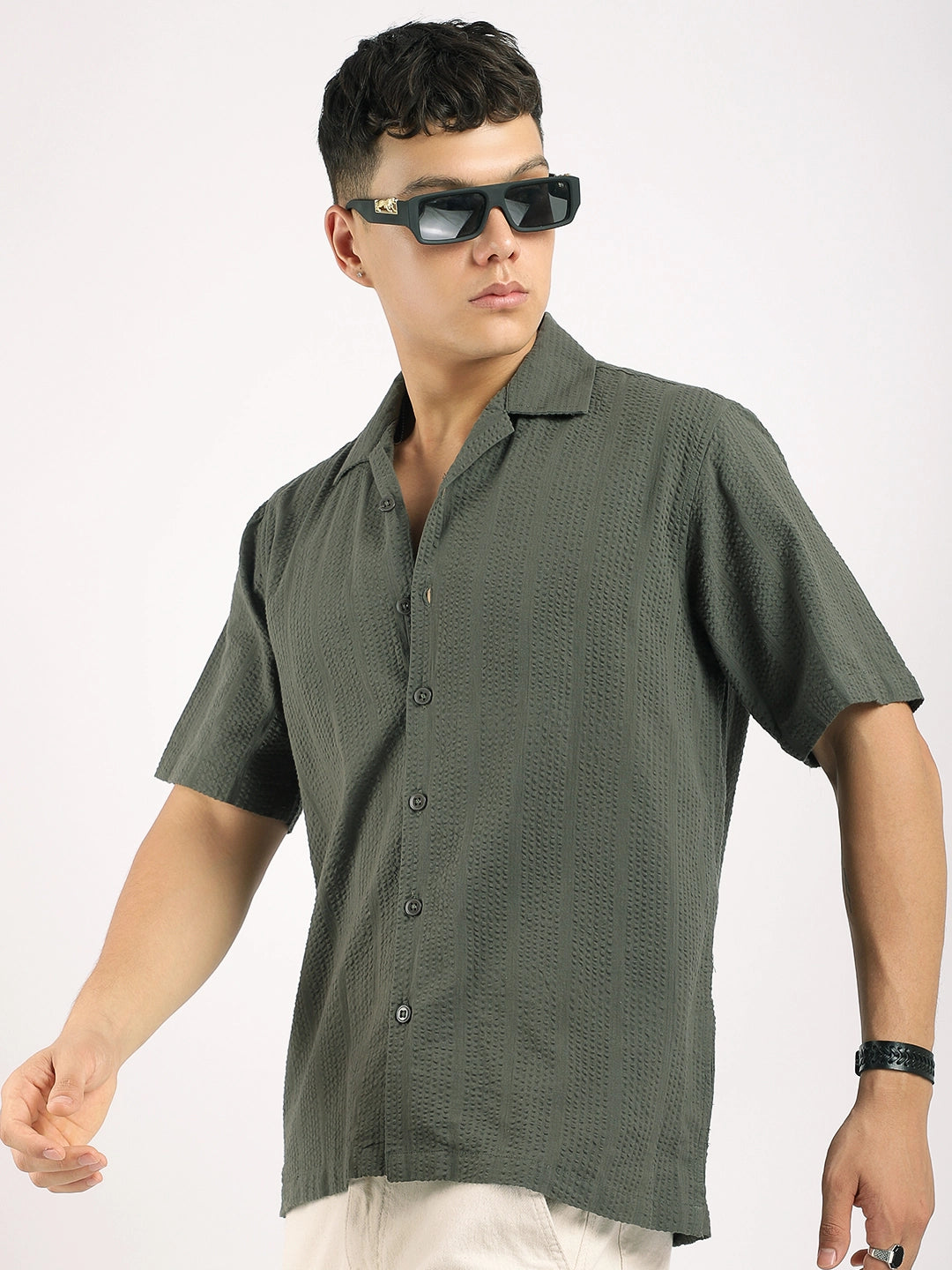 Solven Textured Olive Green Half Sleeve Shirt