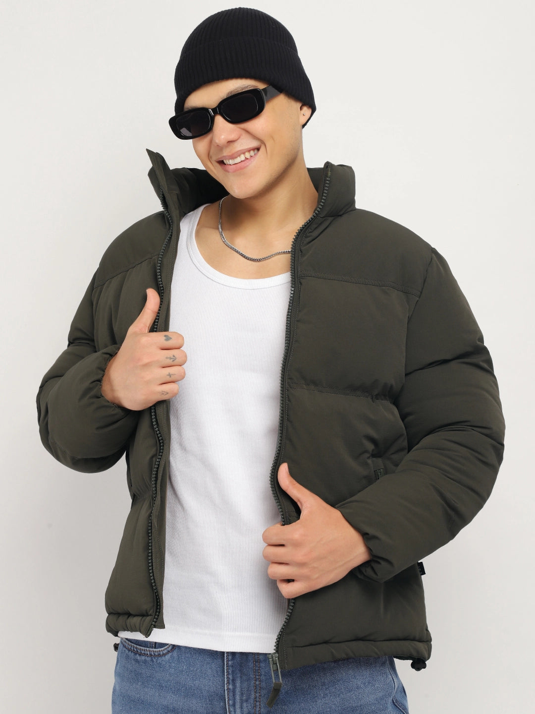 Oxford Street Style Dark Olive Green Puffer Jacket