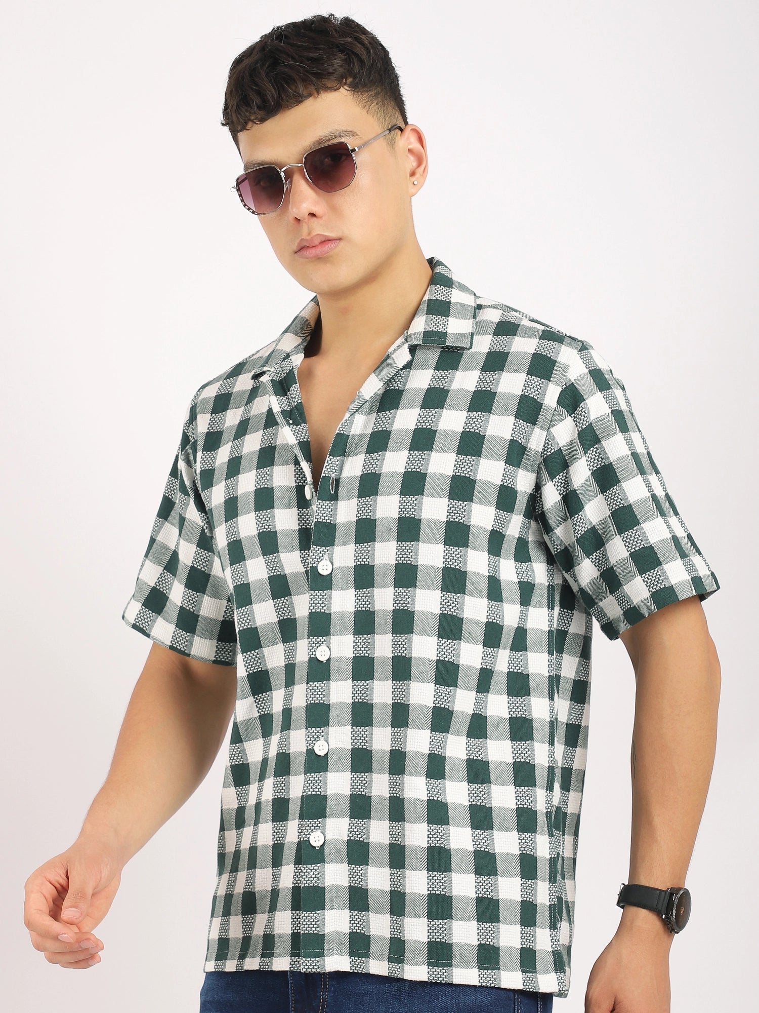 Citrus Dark Green Half Sleeve Check Shirt