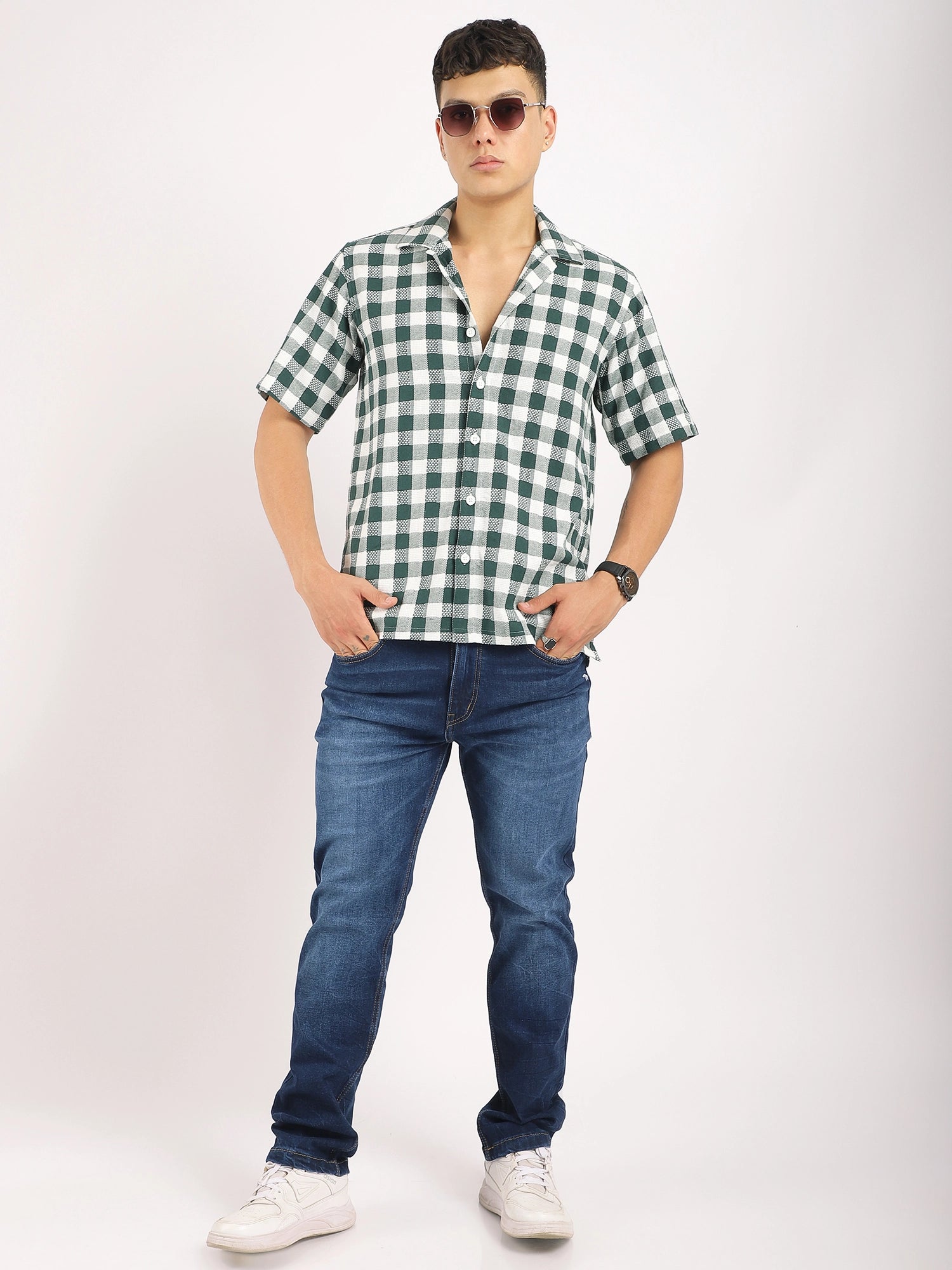 Citrus Dark Green Half Sleeve Check Shirt