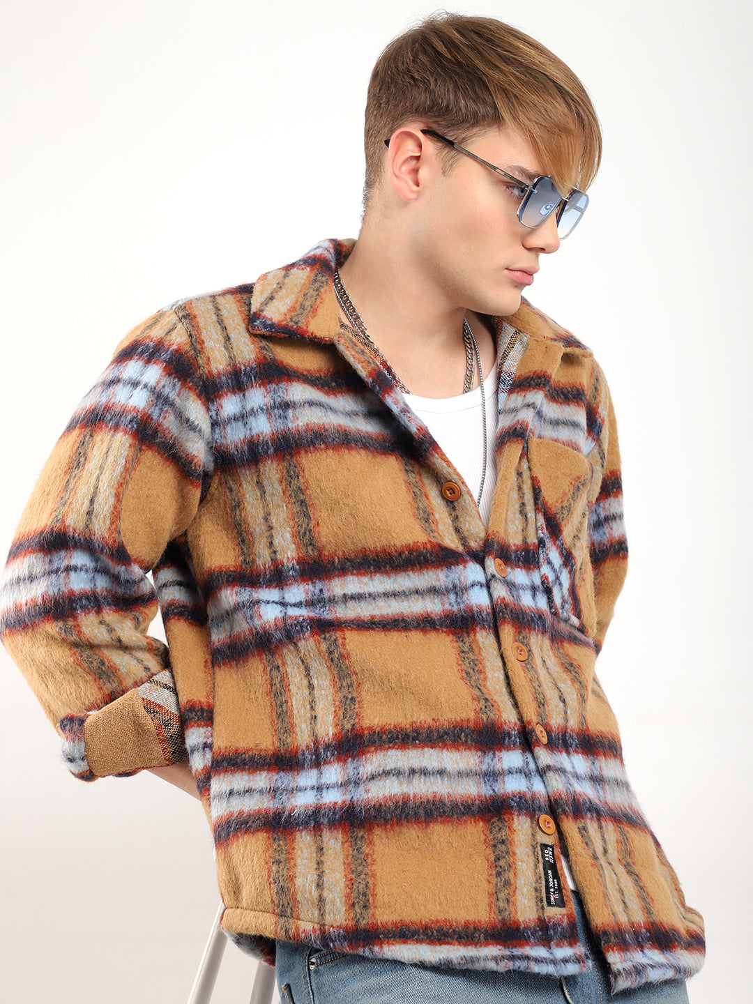 Marble Arch Pure Wool Mustard & Navy Check Shirt