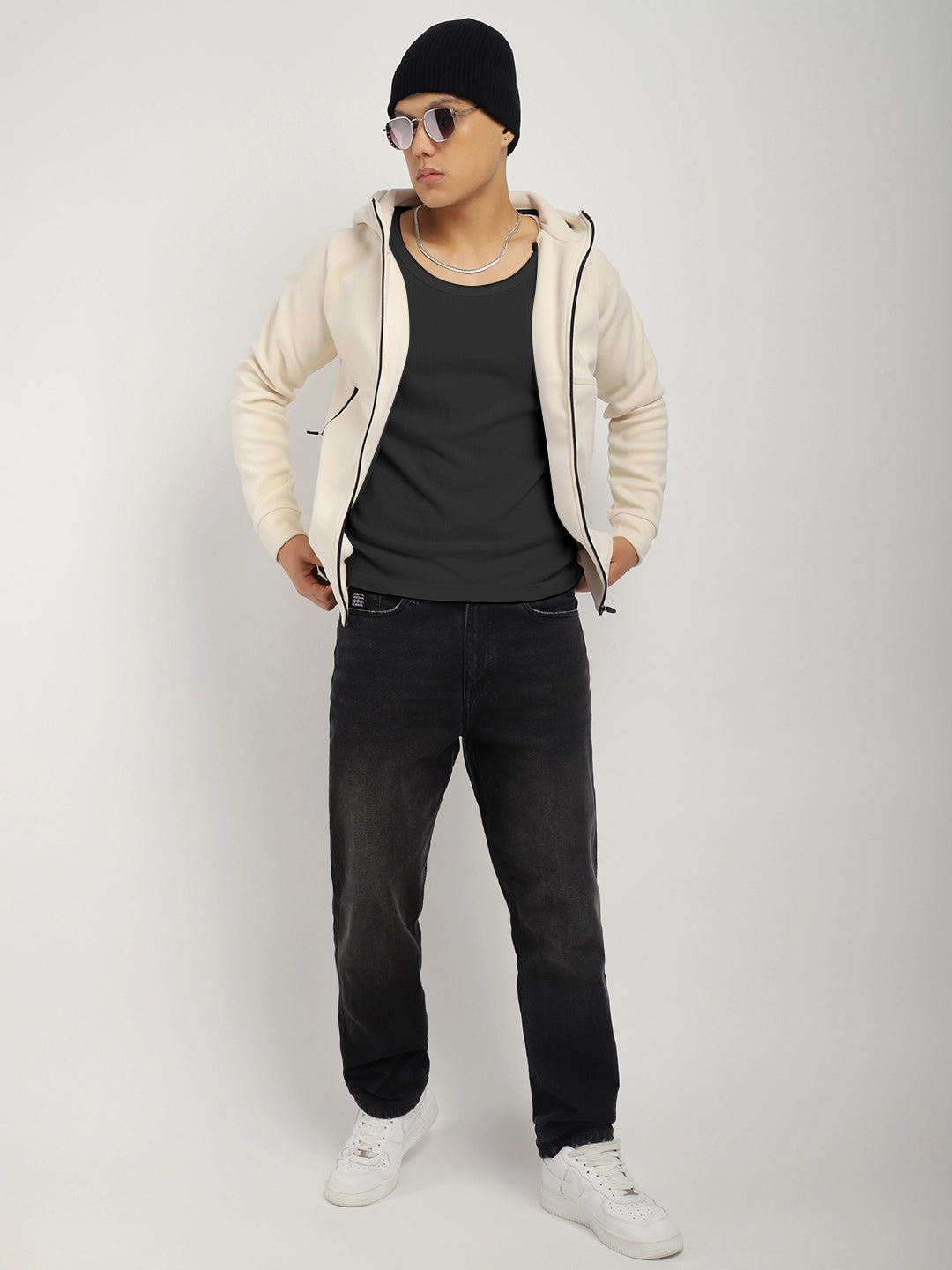Beige Zipper Hoodie Men