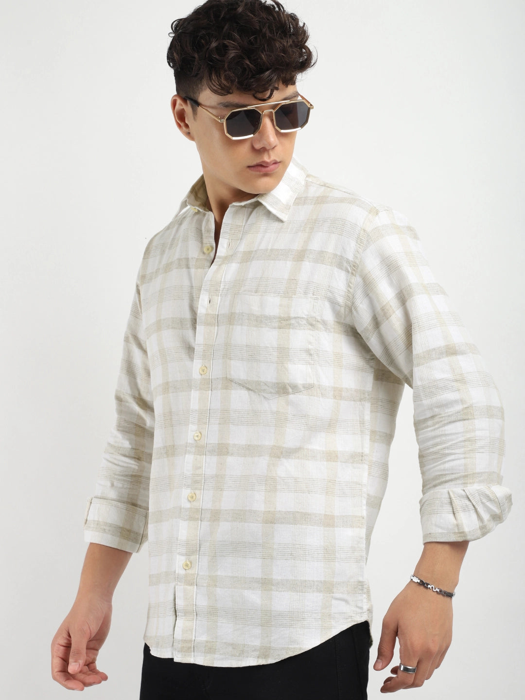 Fabric Adelma Linen Off White Checked Full Sleeve Shirt