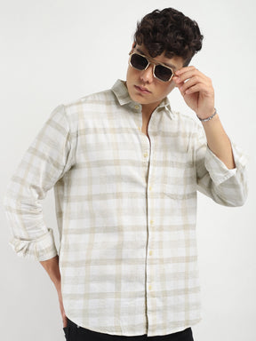 Fabric Adelma Linen Off White Checked Full Sleeve Shirt