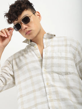 Fabric Adelma Linen Off White Checked Full Sleeve Shirt