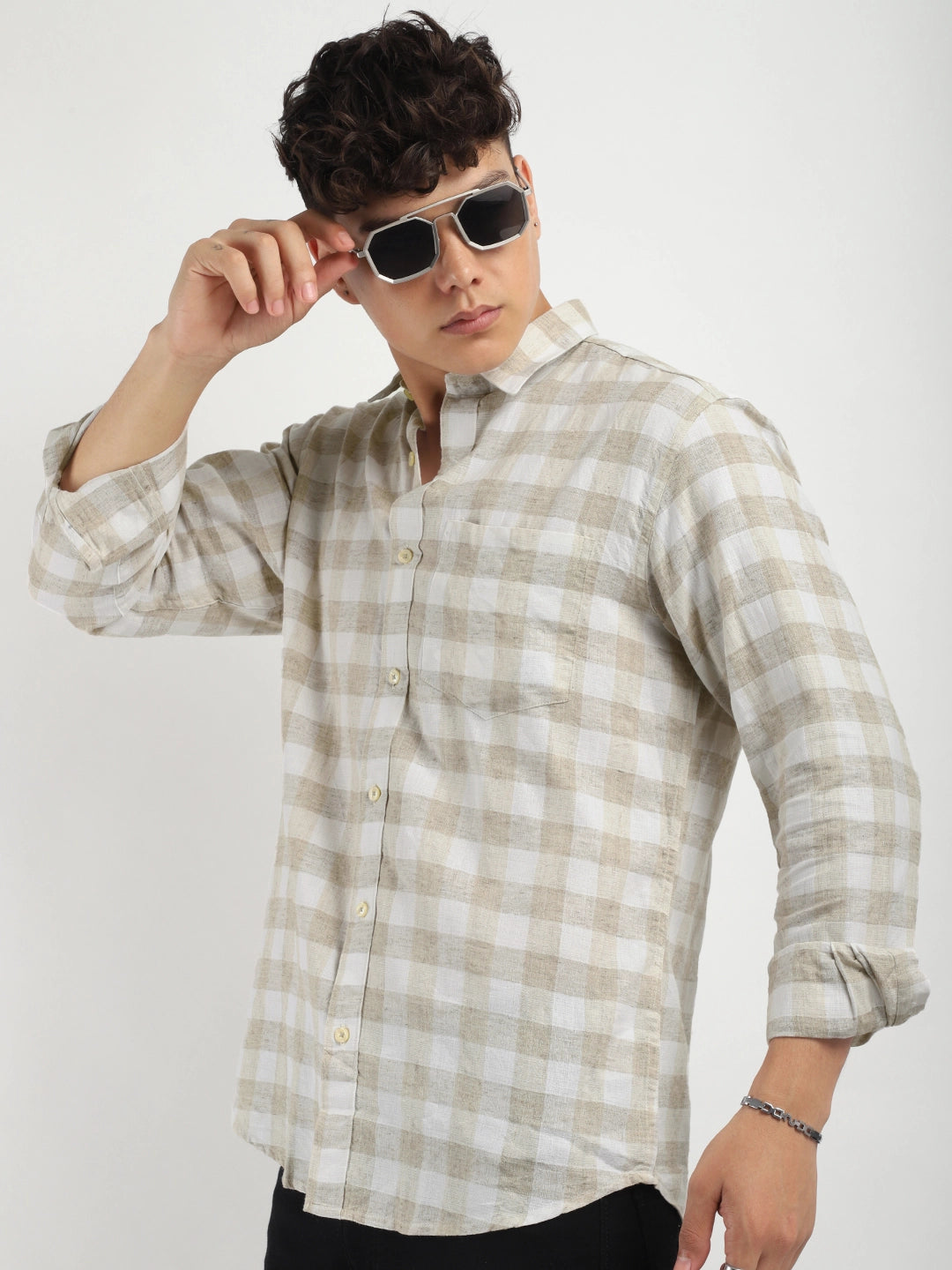 Fabric Adelma Linen Beige Checked Full Sleeve Shirt