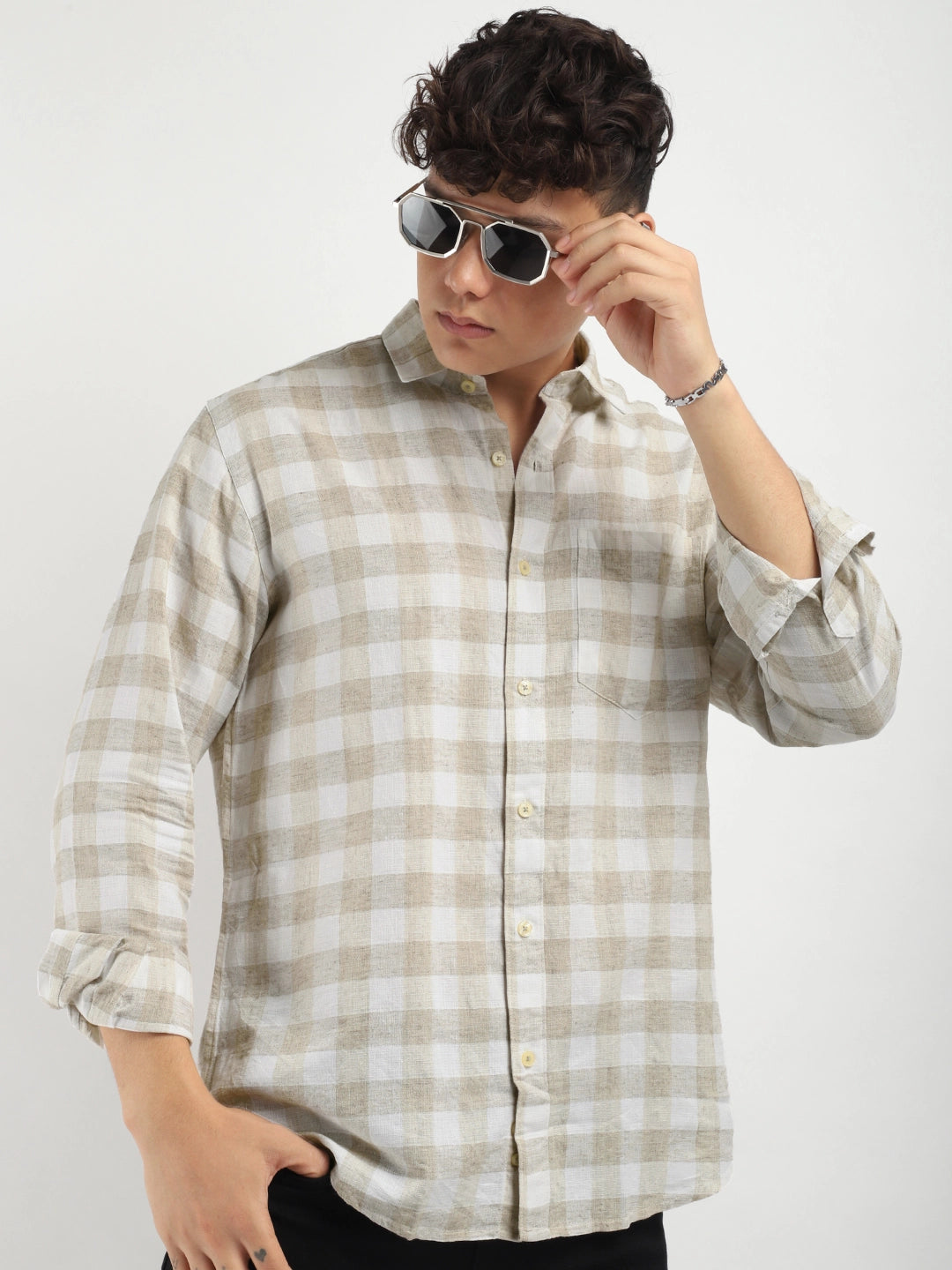 Fabric Adelma Linen Beige Checked Full Sleeve Shirt