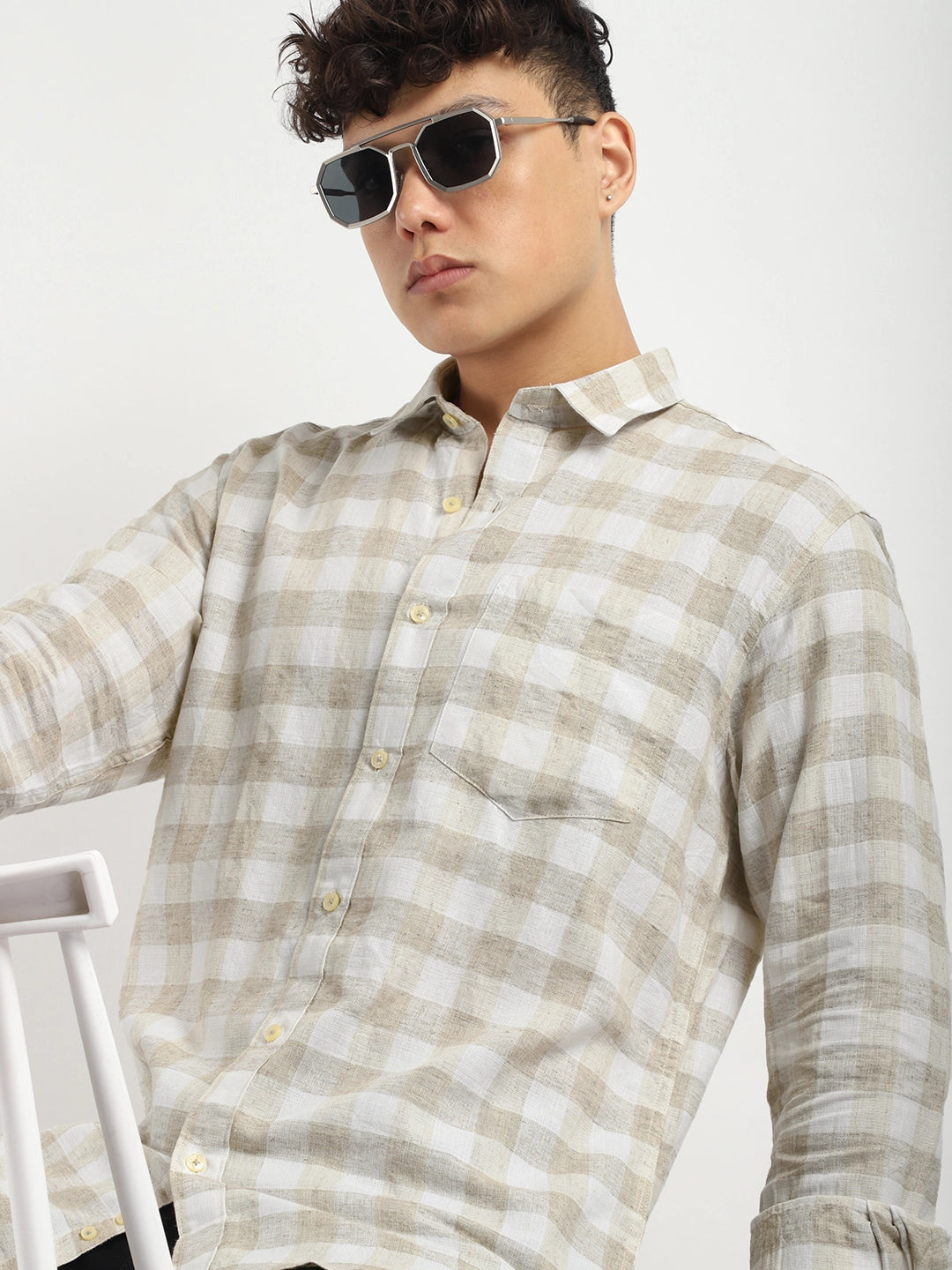 Fabric Adelma Linen Beige Checked Full Sleeve Shirt