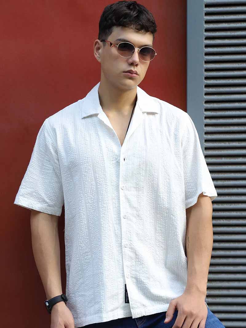 Solven Textured White Half Sleeve Shirt