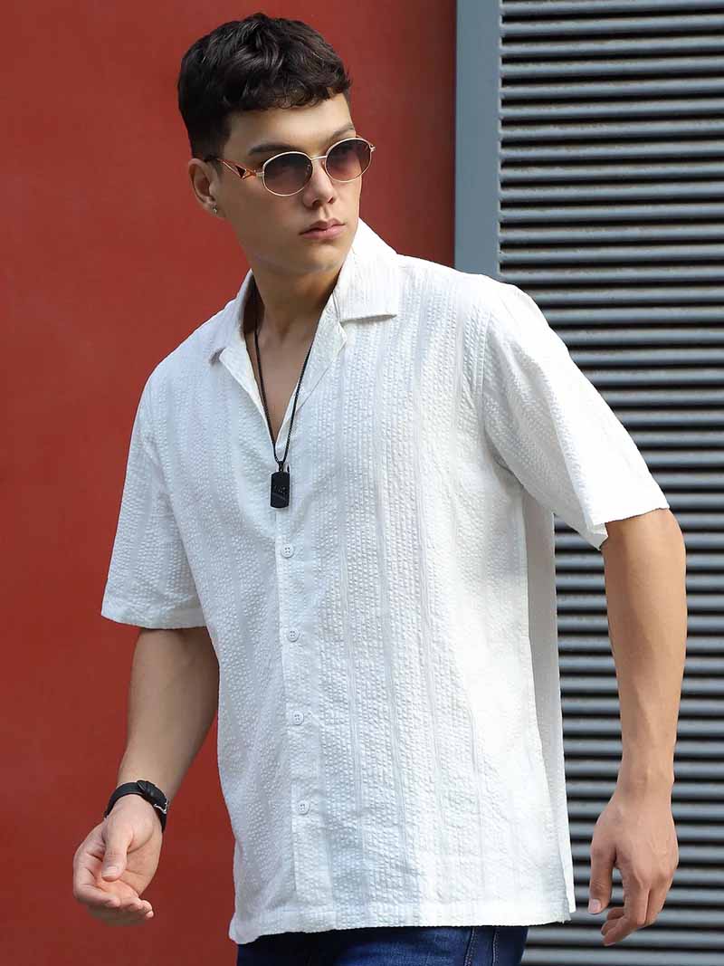 Solven Textured White Half Sleeve Shirt