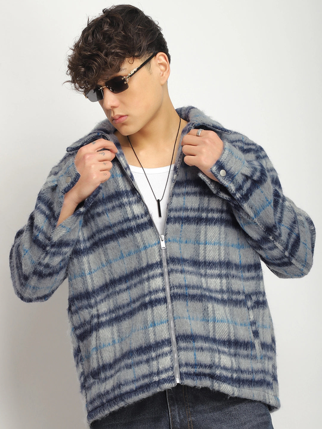 Zenith Stitch Pure Wool Blue & Grey Check Shacket