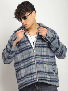 Zenith Stitch Pure Wool Blue & Grey Check Shacket