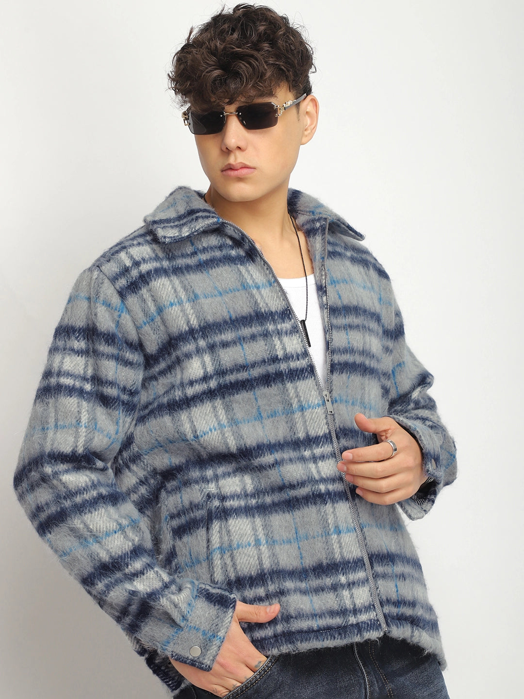 Zenith Stitch Pure Wool Blue & Grey Check Shacket