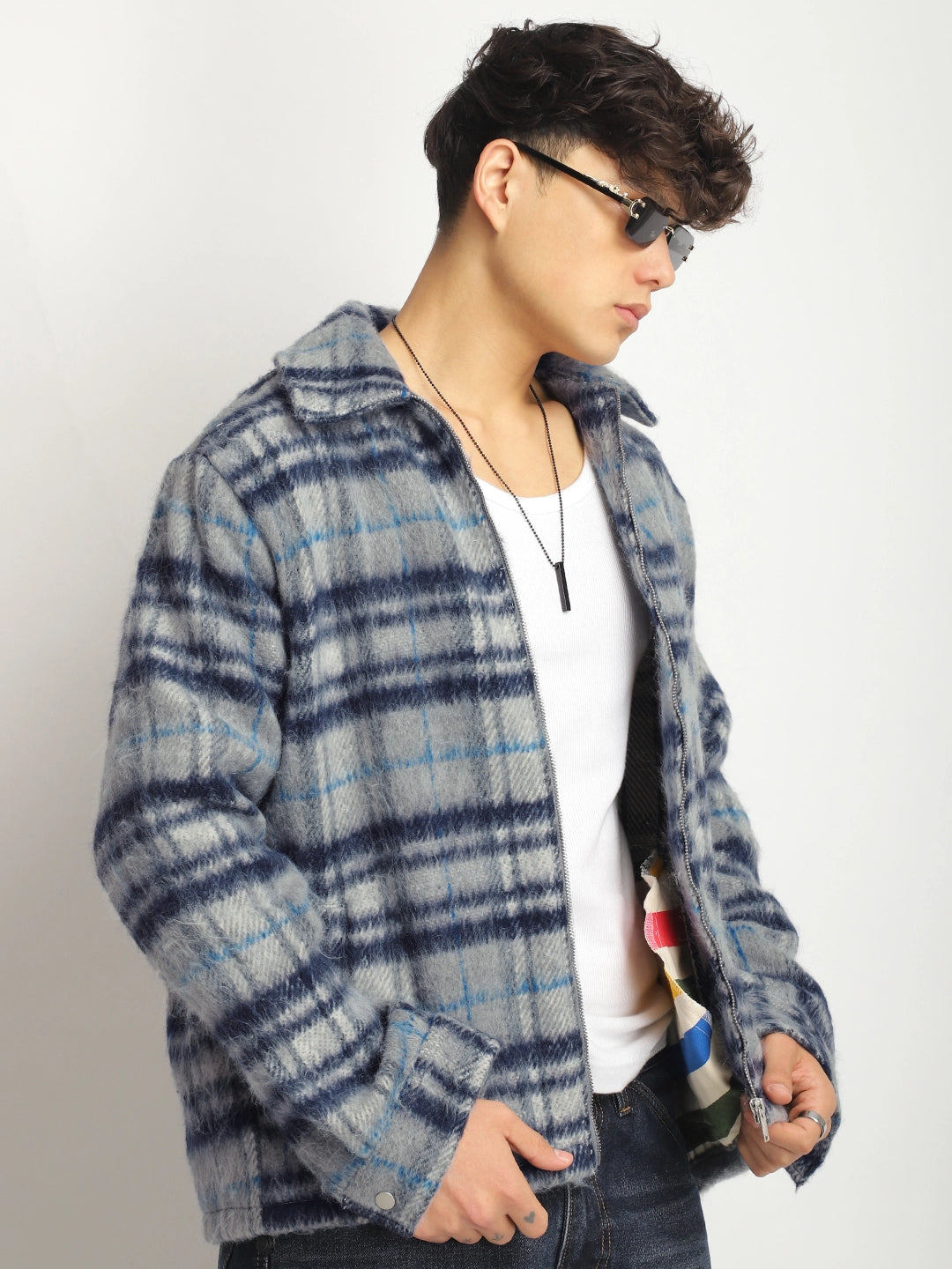 Zenith Stitch Pure Wool Blue & Grey Check Shacket