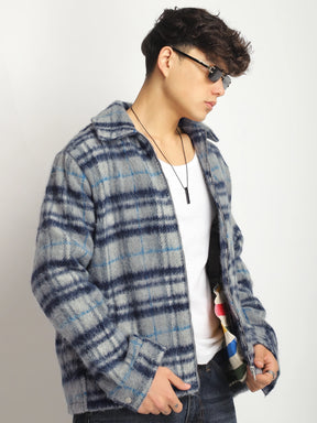 Zenith Stitch Pure Wool Blue & Grey Check Shacket