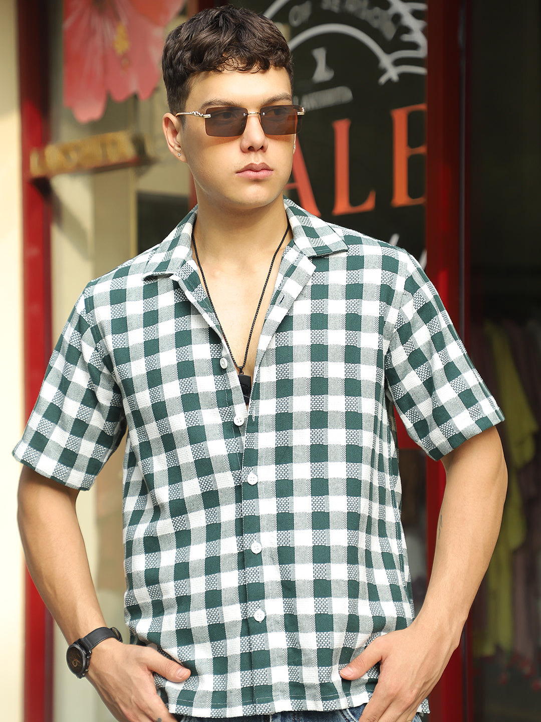 Citrus Dark Green Half Sleeve Check Shirt